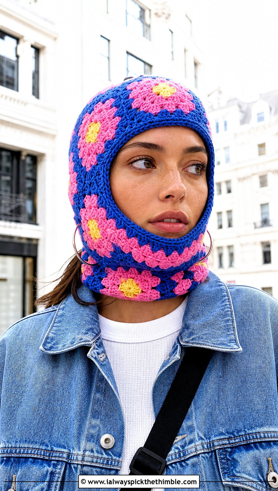 Granny Square Crochet Balaclava With Denim Jacket - 20 crochet balaclava hat outfit ideas