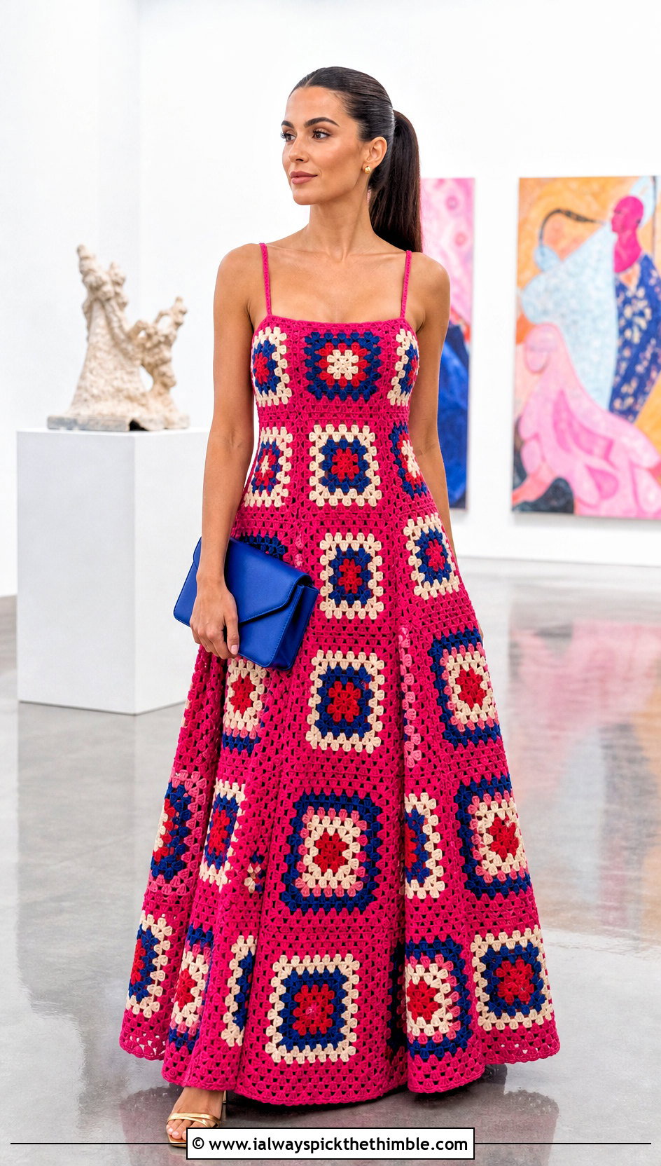 Granny Square Crochet Ball Gown With Minimal Heels - 20 Crochet Ball Gown outfit ideas