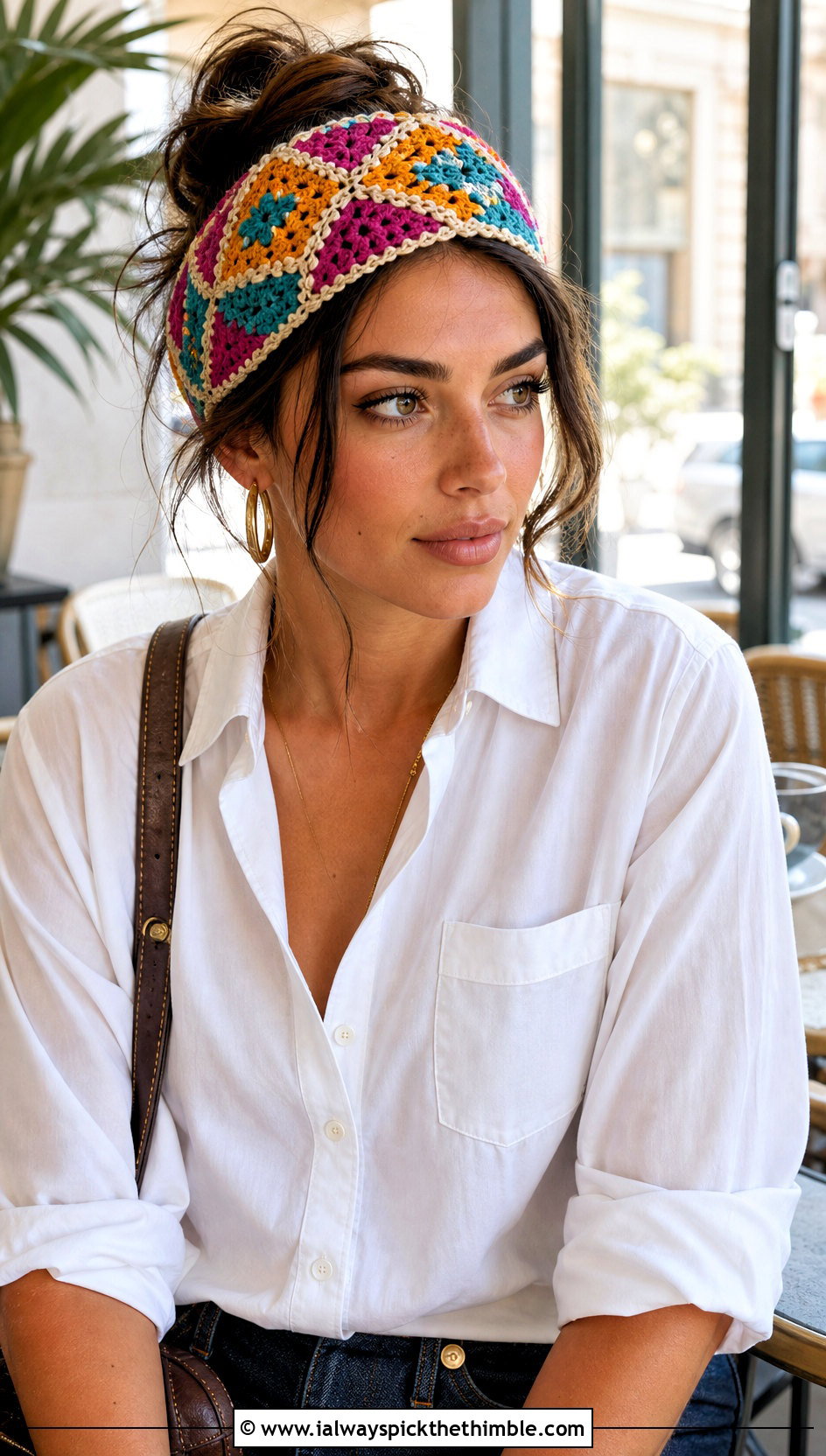 Granny Square Crochet Bandana Headband With White Shirt - 20 Crochet Bandana Headband outfit ideas