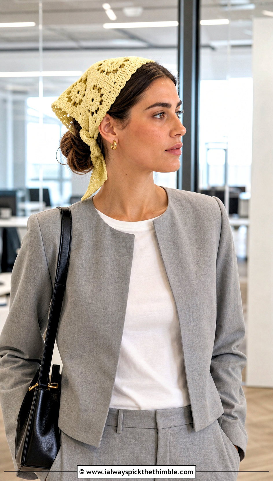 Granny Square Crochet Bandana With Blazer And Trousers - 15 crochet head wraps outfit ideas