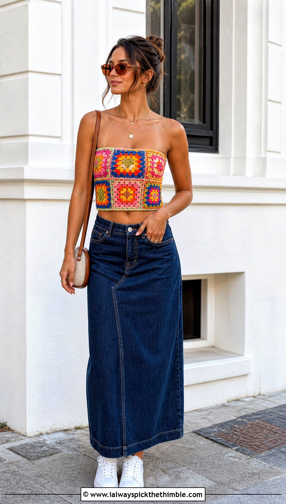 Granny Square Crochet Bandeau Top With Denim Maxi Skirt - 25 crochet bandeau top outfit ideas