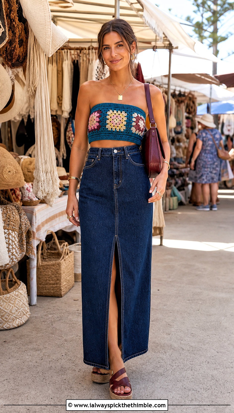 Granny Square Crochet Bandeau Top With Denim Maxi Skirt - 20 crochet bando top outfit ideas