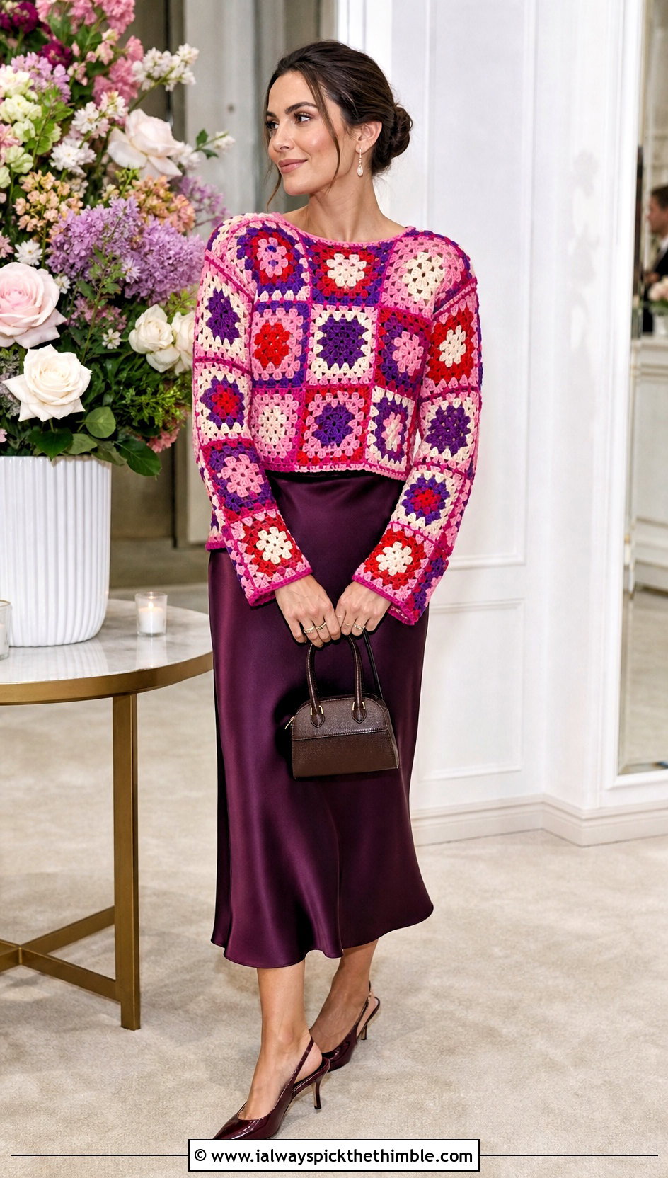 Granny Square Crochet Barbie Sweater With Satin Midi Skirt - 20 crochet barbie sweater outfit ideas