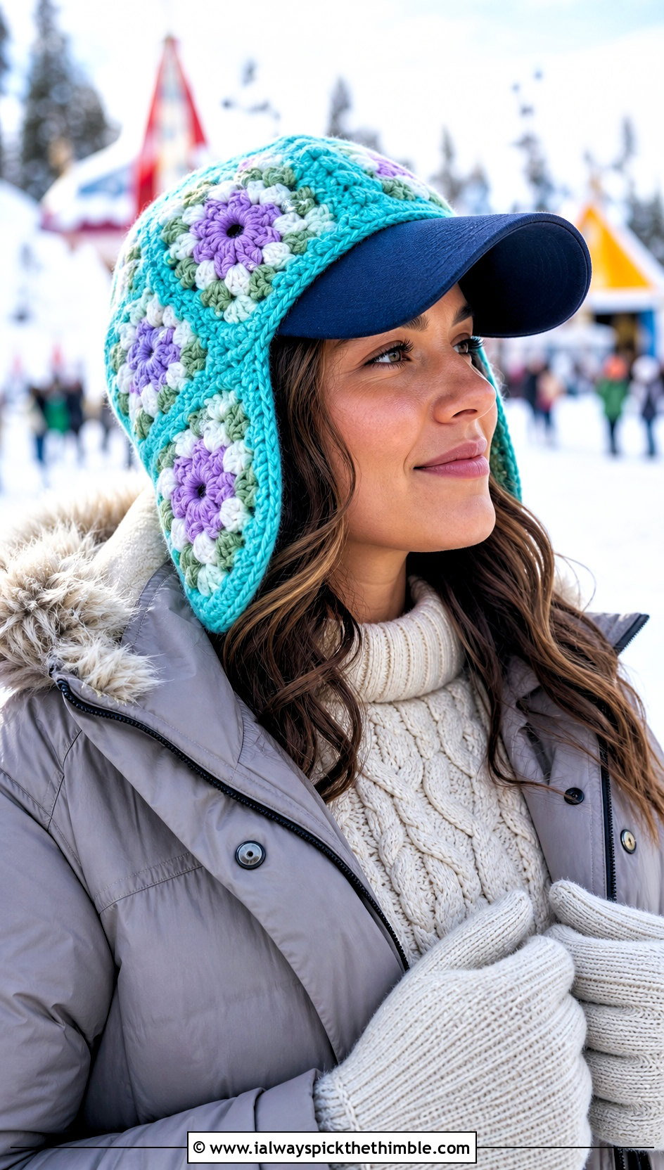 Granny Square Crochet Baseball Cap Ear Warmer With Parka - 20 crochet baseball cap ear warmer outfit ideas