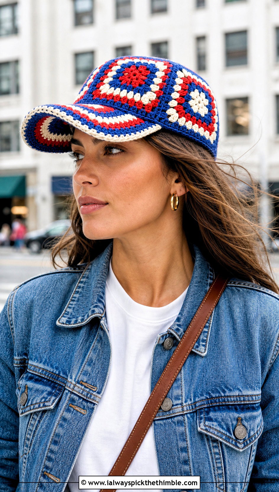Granny Square Crochet Baseball Cap With White Tee And Jeans - 15 crochet baseball cap for adults outfit ideas