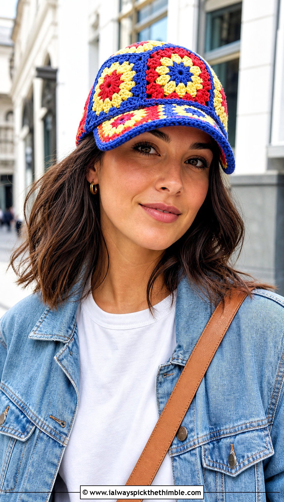 Granny Square Crochet Baseball Cap With White Tee And Straight Jeans - 20 crochet baseball cap outfit ideas
