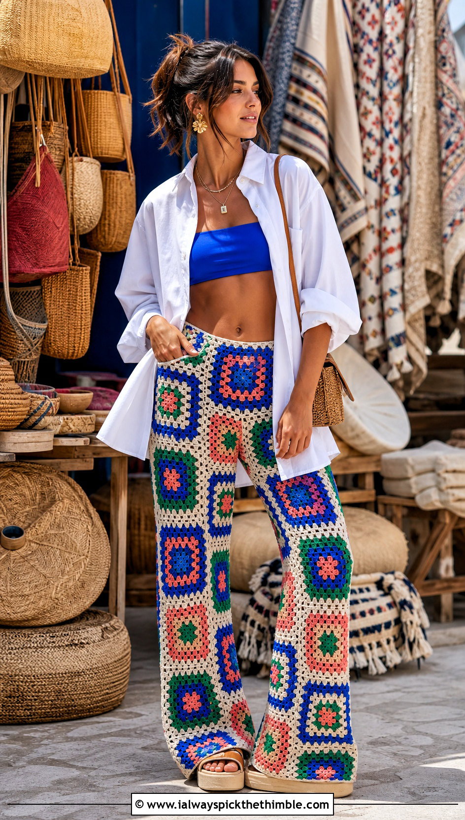 Granny Square Crochet Beach Pants With Oversized Poplin Shirt - 25 crochet beach pants outfit ideas