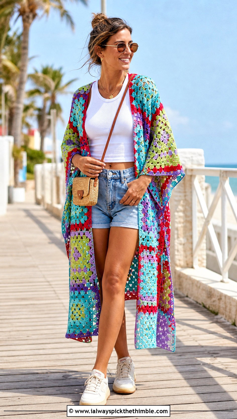Granny Square Crochet Beach Shawl With Denim Shorts - 20 crochet beach shawl outfit ideas