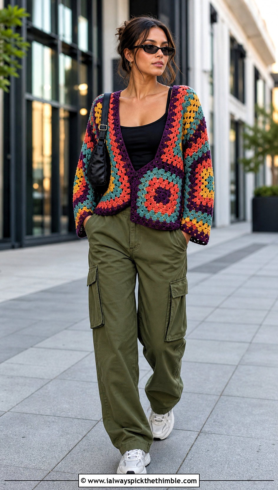Granny Square Crochet Beach Sweater With Cargo Pants - 20 Crochet Beach Sweater outfit ideas
