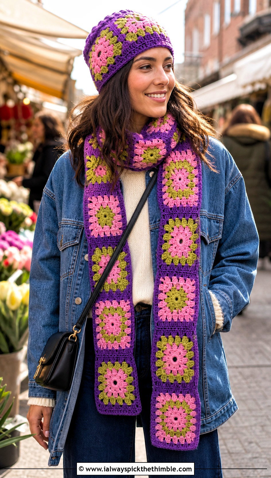 Granny Square Crochet Beanie And Scarf Set With Denim Jacket - 20 crochet beanie and scarf set outfit ideas