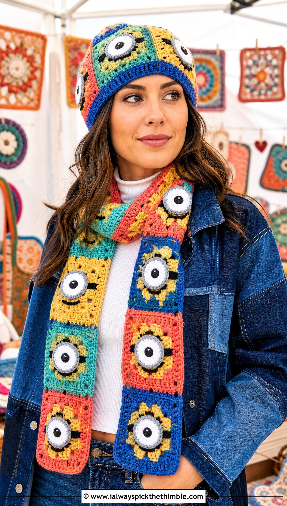 Granny Square Crochet Beanie And Scarf With Patchwork Denim - 15 minion-themed crochet hat and scarf outfit ideas