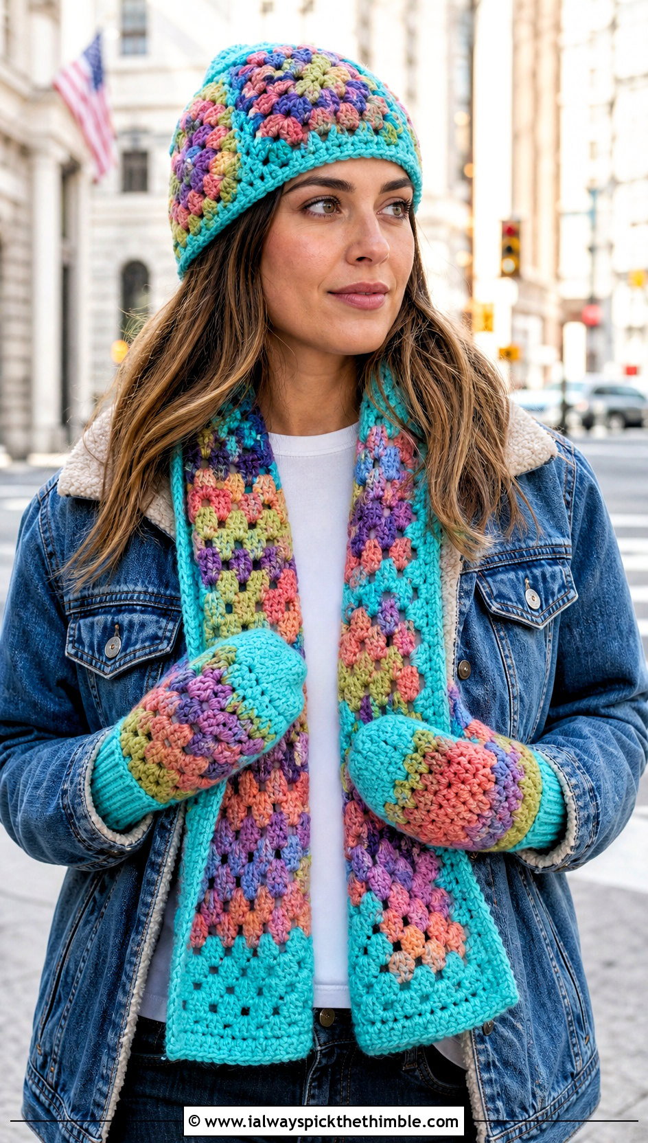 Granny Square Crochet Beanie Scarf And Mittens With Denim Jacket - 20 Crochet Hat Mittens Scarf Set outfit ideas