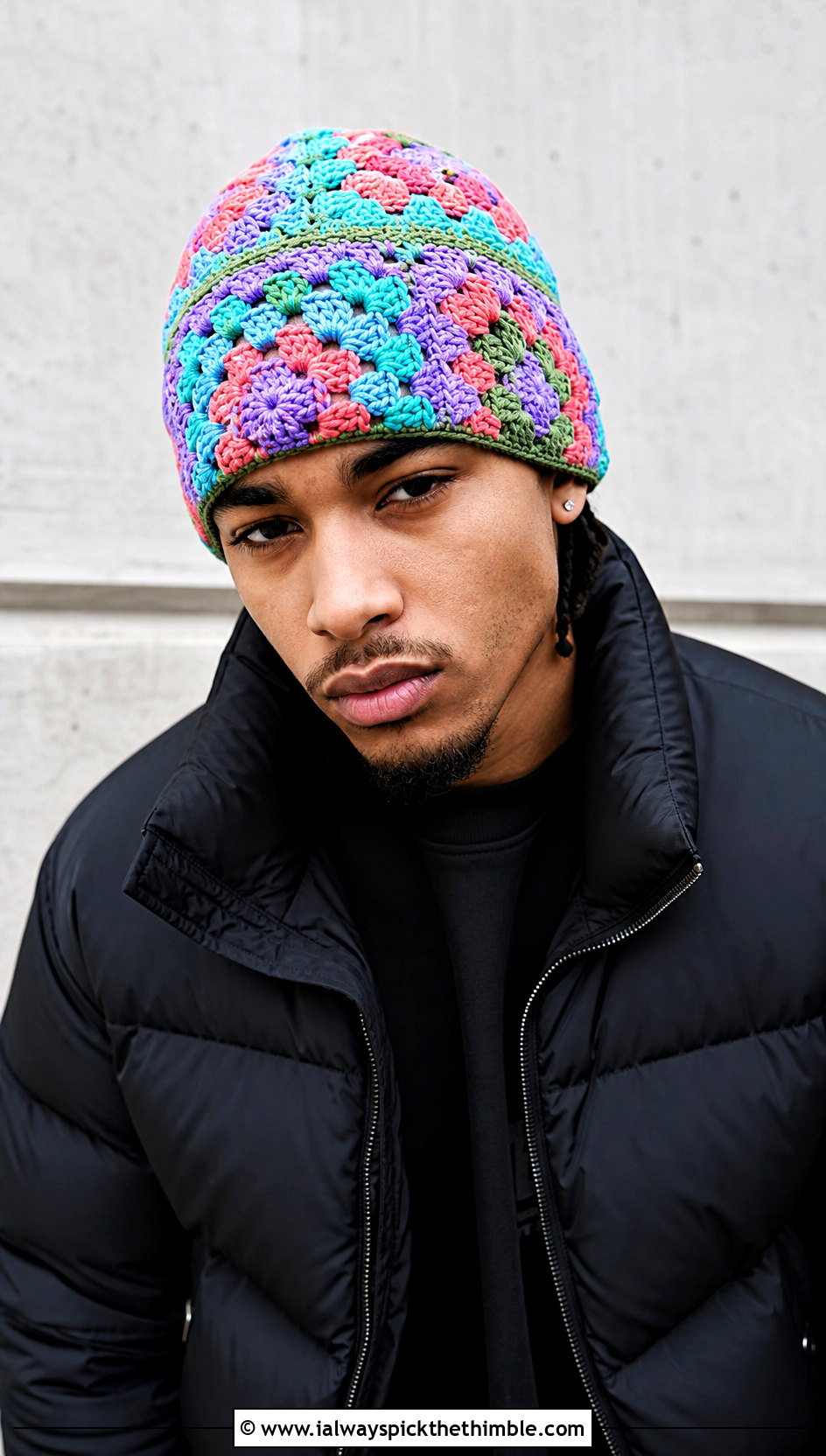 Granny Square Crochet Beanie With Black Streetwear - 20 mens winter crochet hats outfit ideas