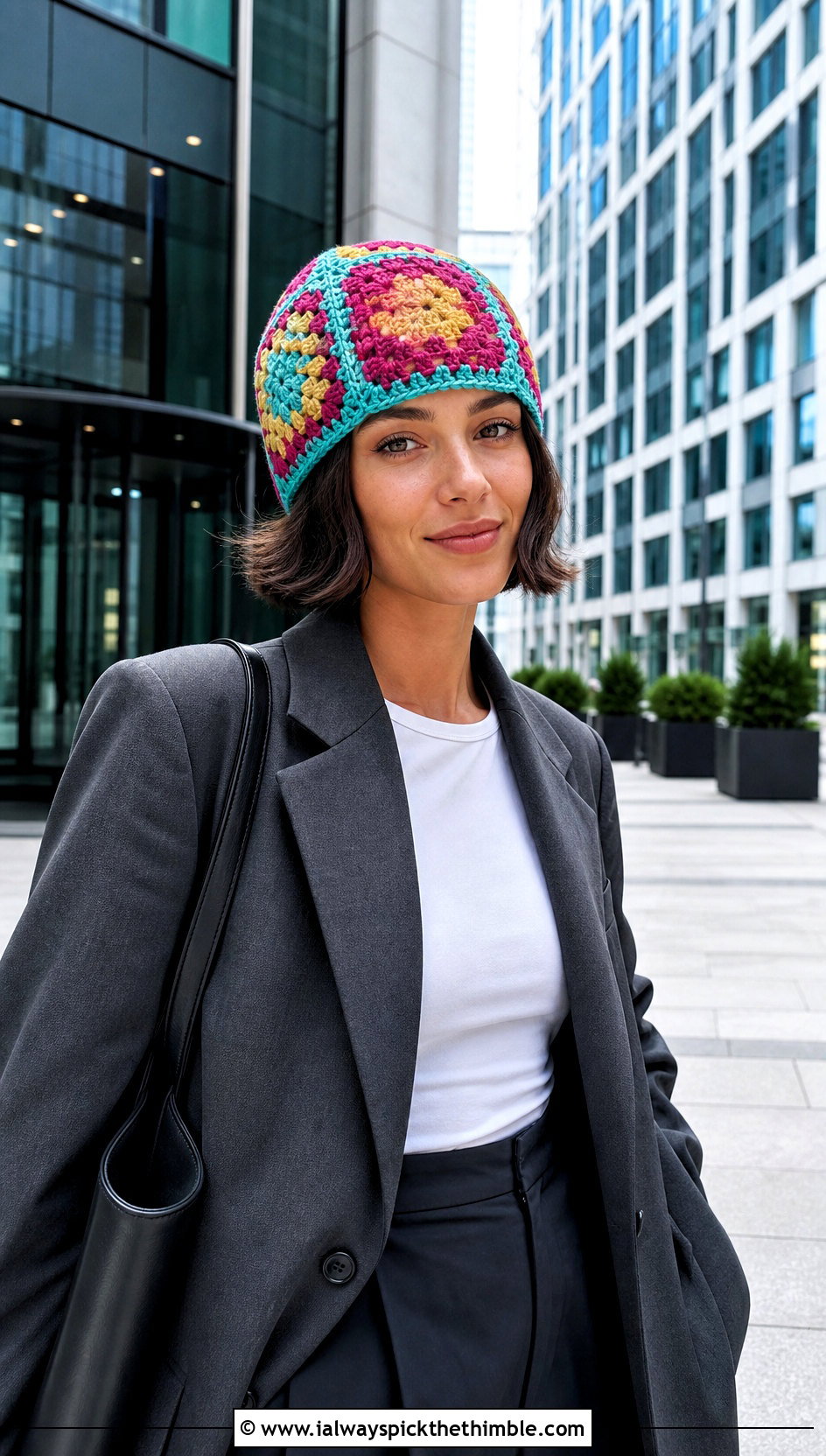 Granny Square Crochet Beanie With Blazer And Trousers - 25 crochet beanies outfit ideas