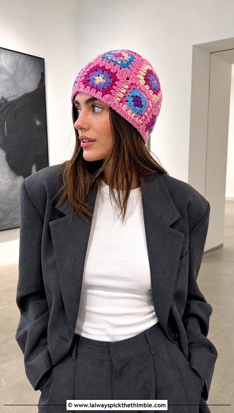 Granny Square Crochet Beanie With Blazer And Trousers - 15 Easy Crochet Beanies For Beginners outfit ideas