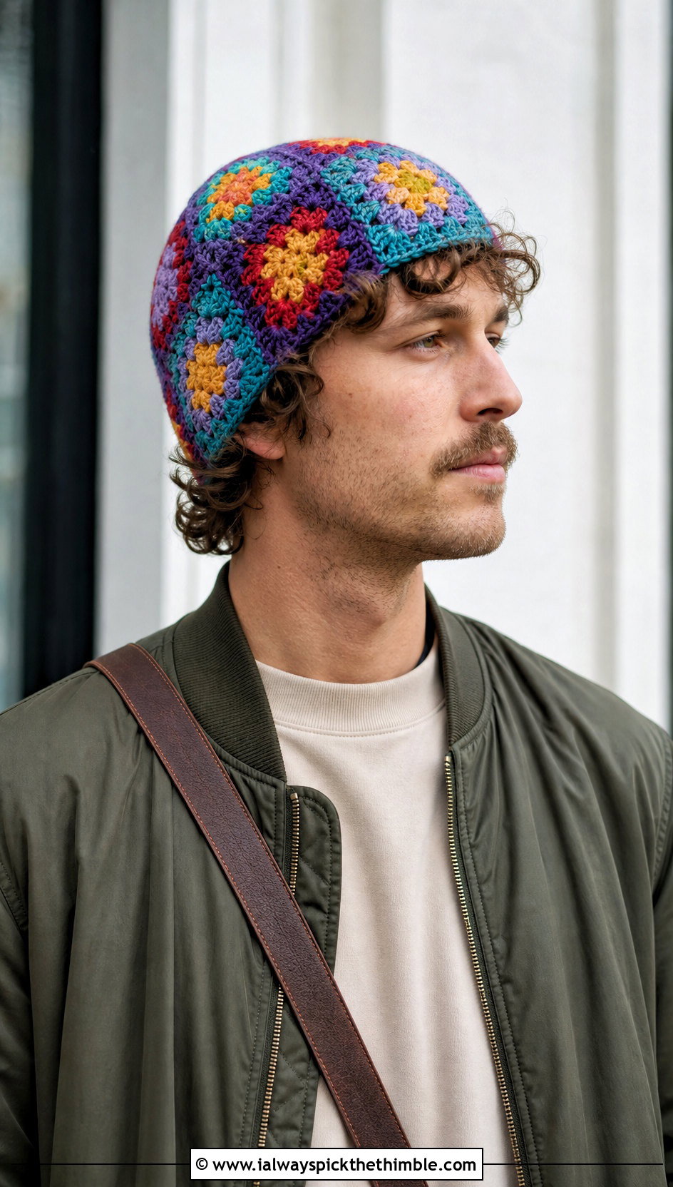 Granny Square Crochet Beanie With Bomber Jacket - 20 crochet for men's beanies outfit ideas