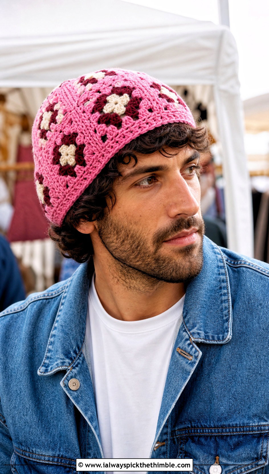 Granny Square Crochet Beanie With Denim Jacket - 20 crochet man beanie outfit ideas