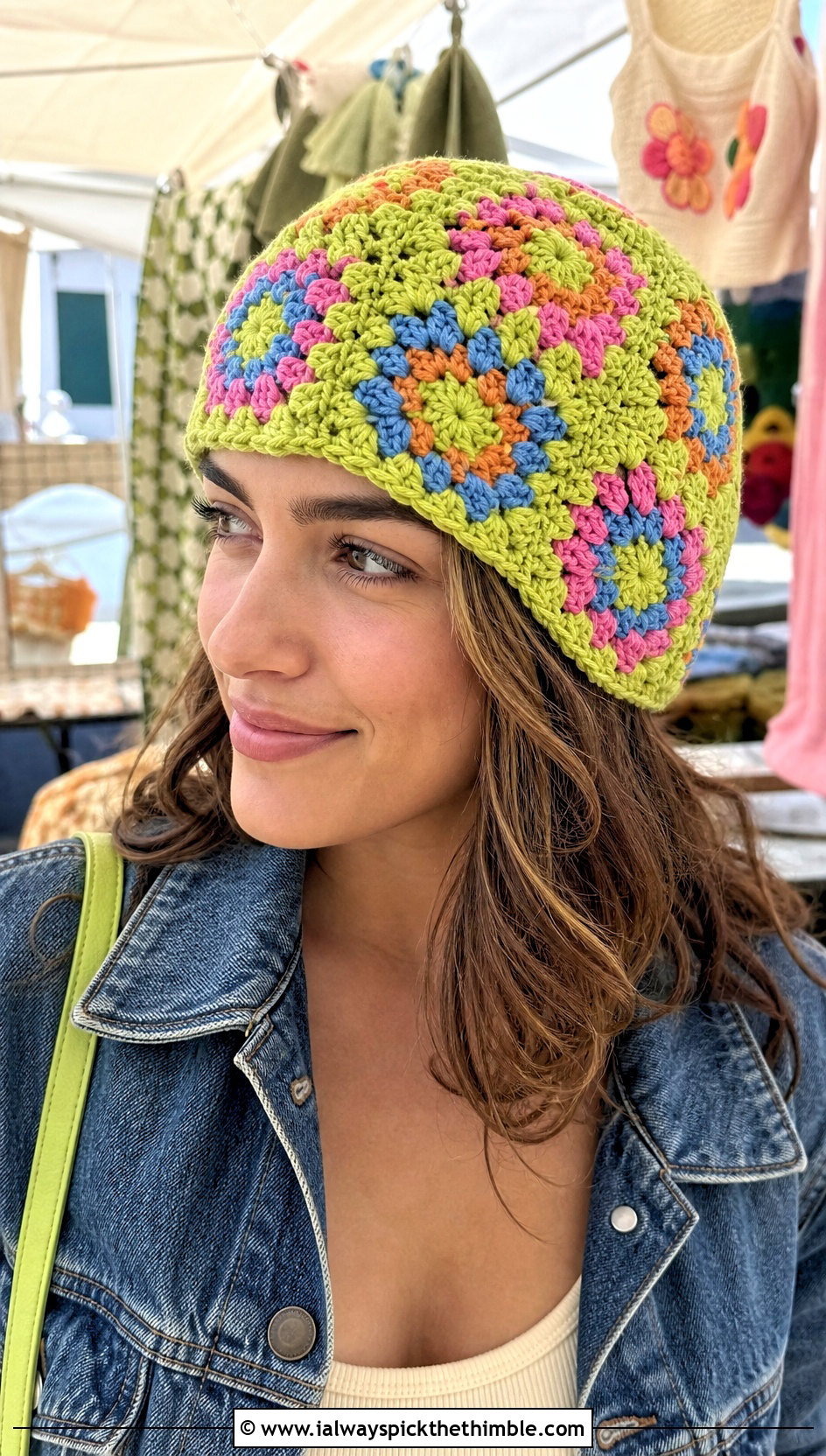 Granny Square Crochet Beanie With Denim Jacket - 25 cute crochet beanies outfit ideas