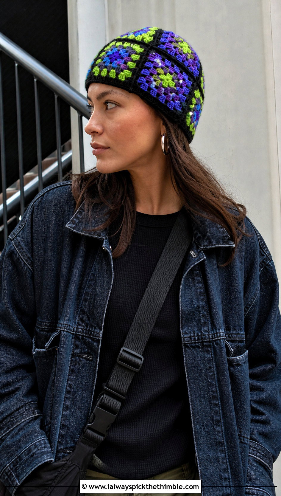 Granny Square Crochet Beanie With Denim Jacket And Cargo Pants - 25 crochet winter hats outfit ideas