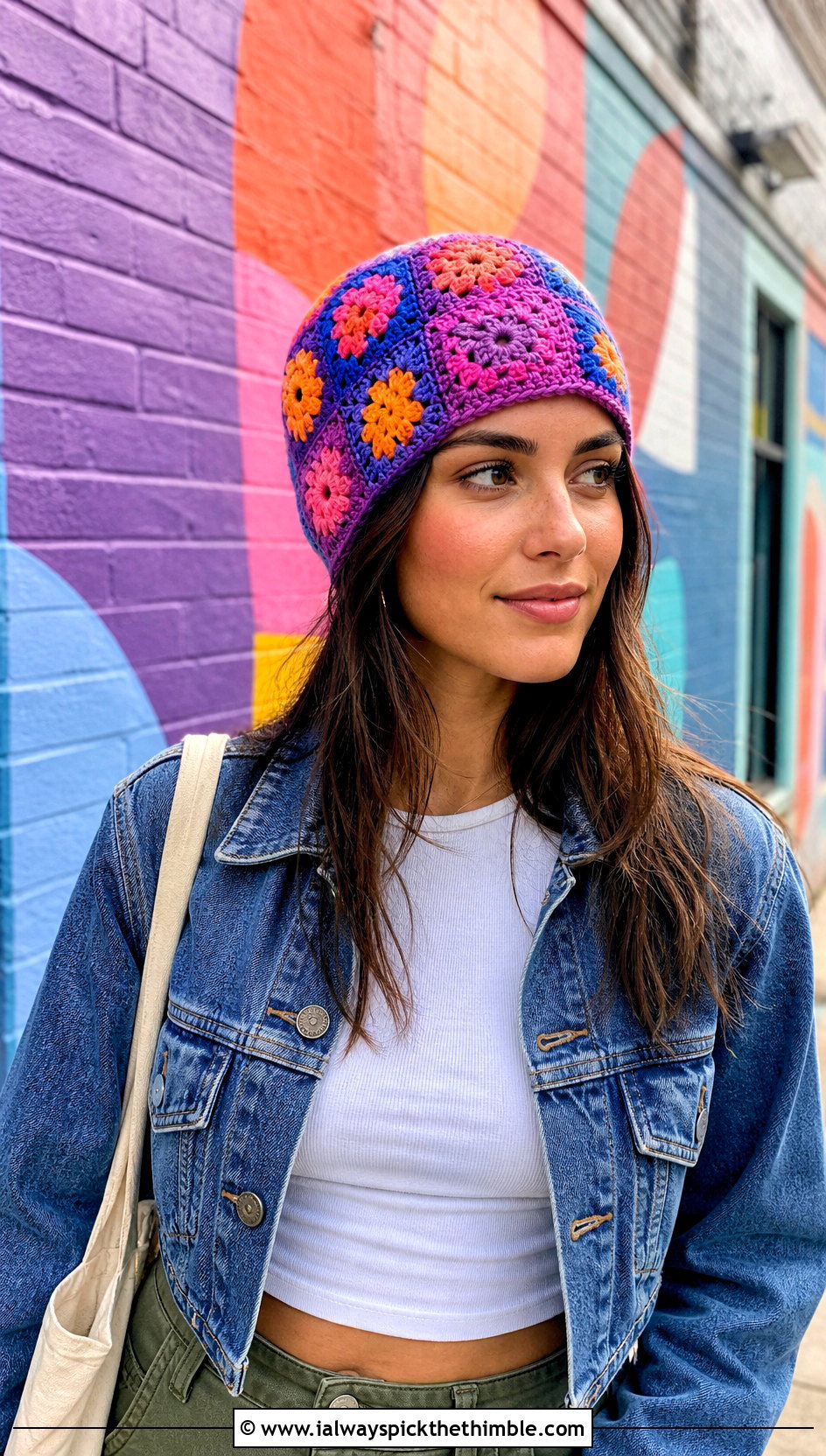 Granny Square Crochet Beanie With Denim Jacket And Cargo Pants - 20 Fun Crochet Beanie outfit ideas