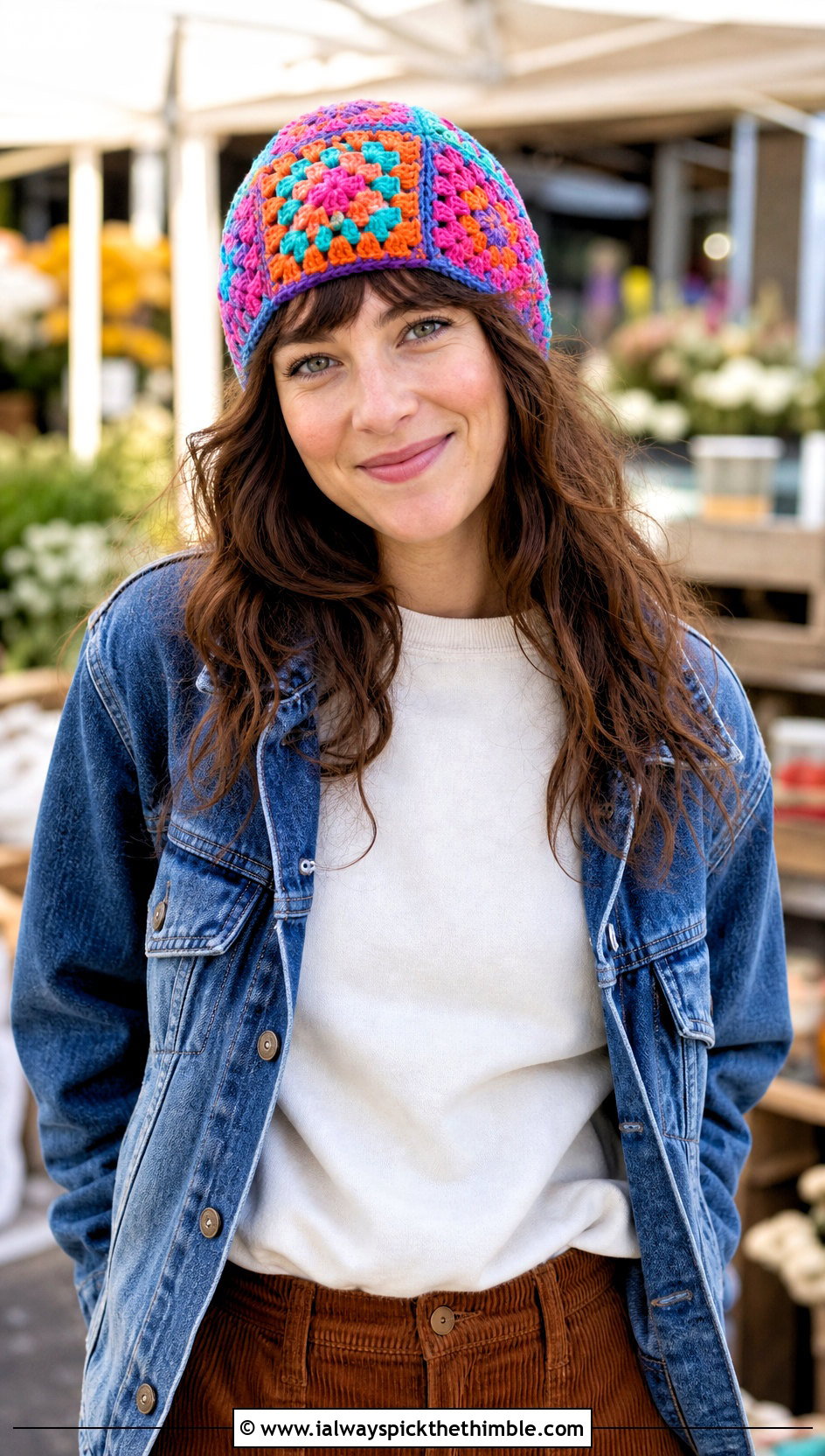 Granny Square Crochet Beanie With Denim Jacket And Corduroy Pants - 25 crochet winter hat outfit ideas