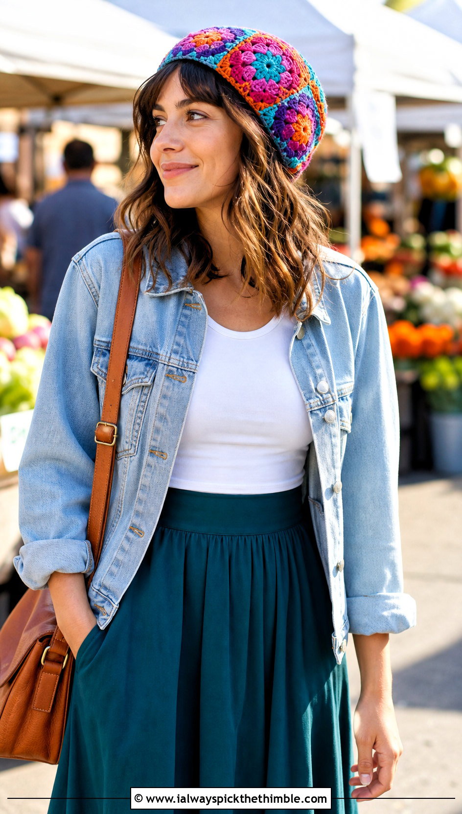 Granny Square Crochet Beanie With Denim Jacket And Midi Skirt - 25 basic crochet beanie outfit ideas