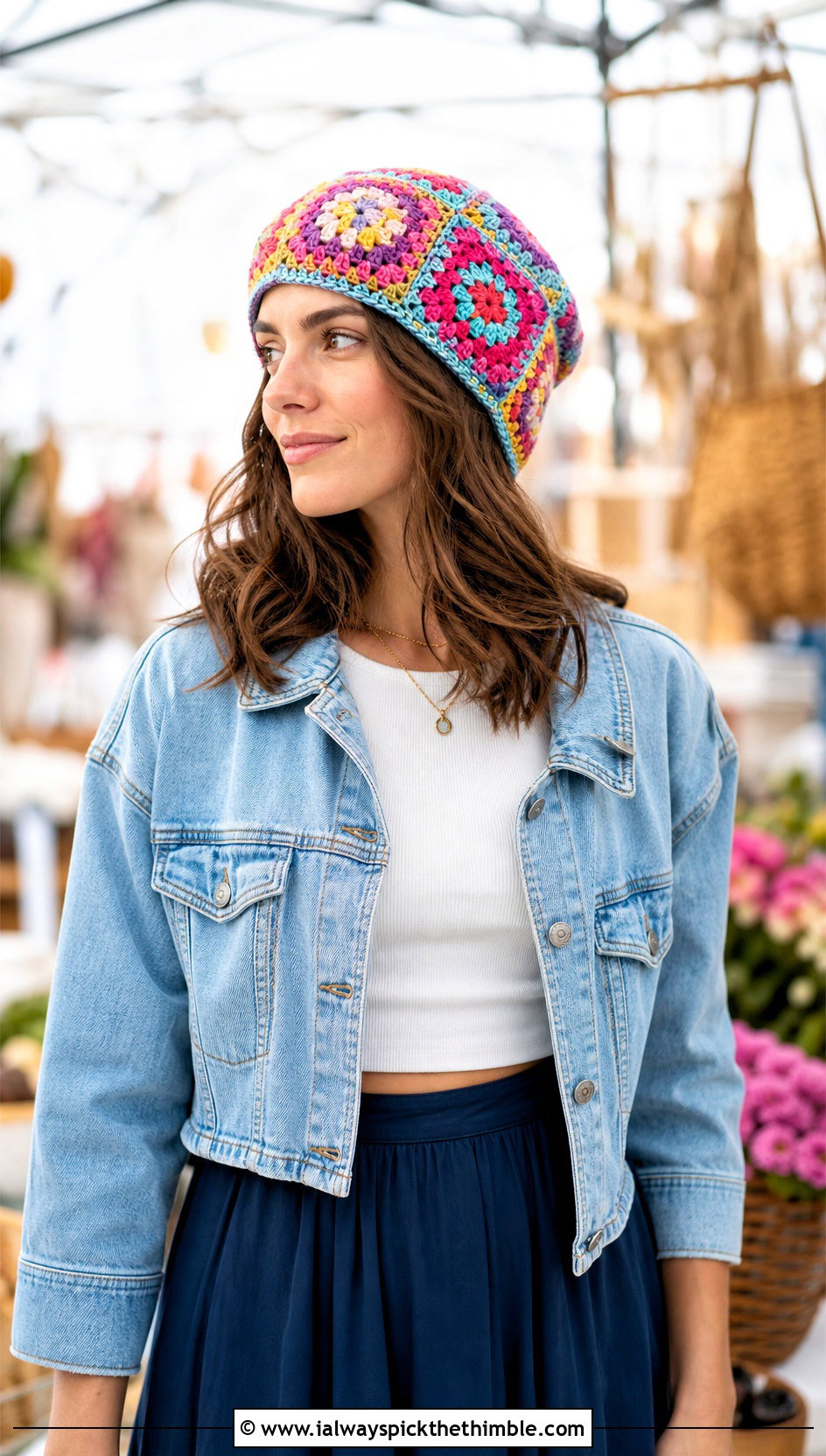 Granny Square Crochet Beanie With Denim Jacket And Midi Skirt - 25 easy crochet beanie outfit ideas