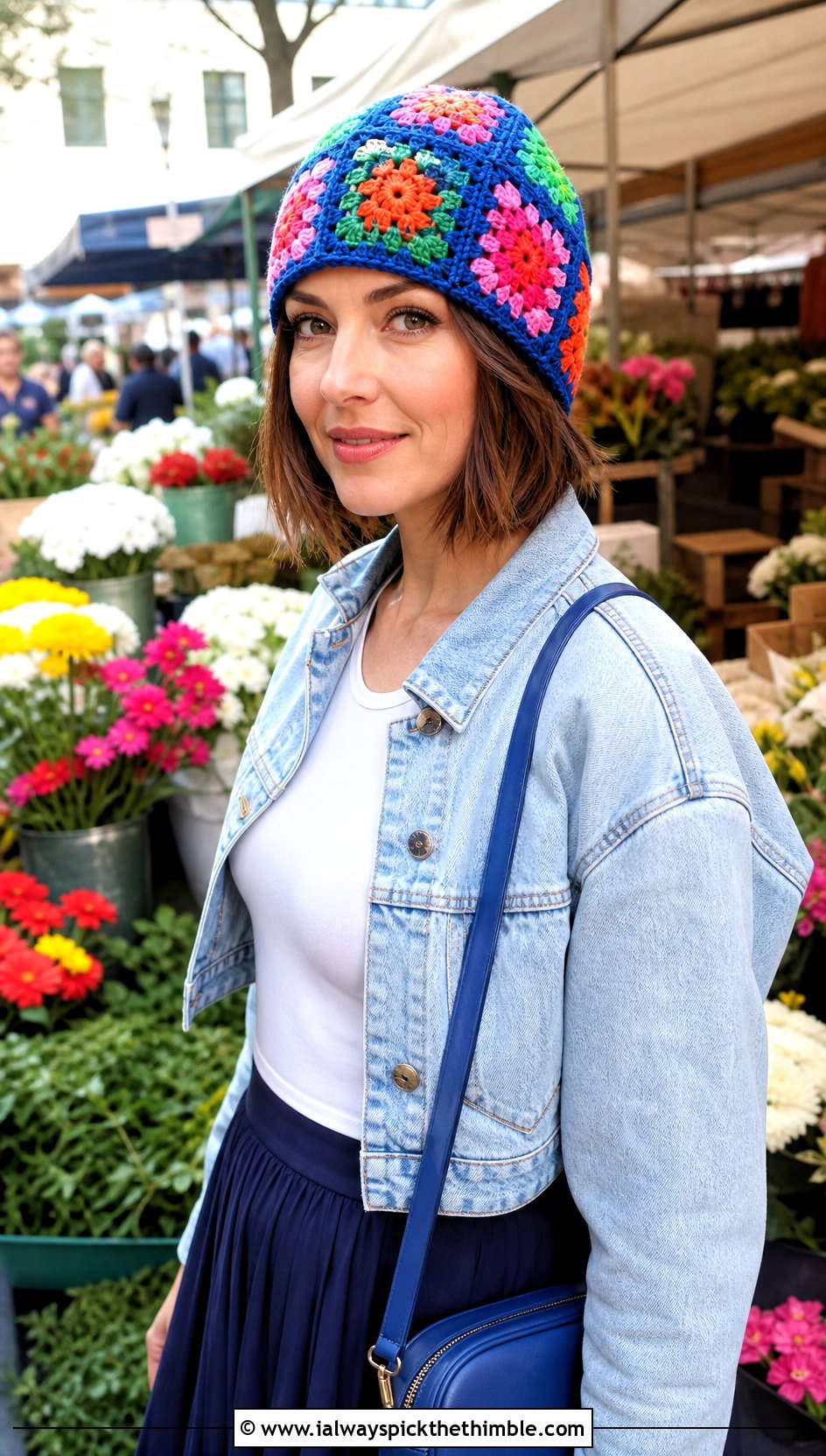 Granny Square Crochet Beanie With Denim Jacket And Midi Skirt - 25 easy crochet beanie womens outfit ideas