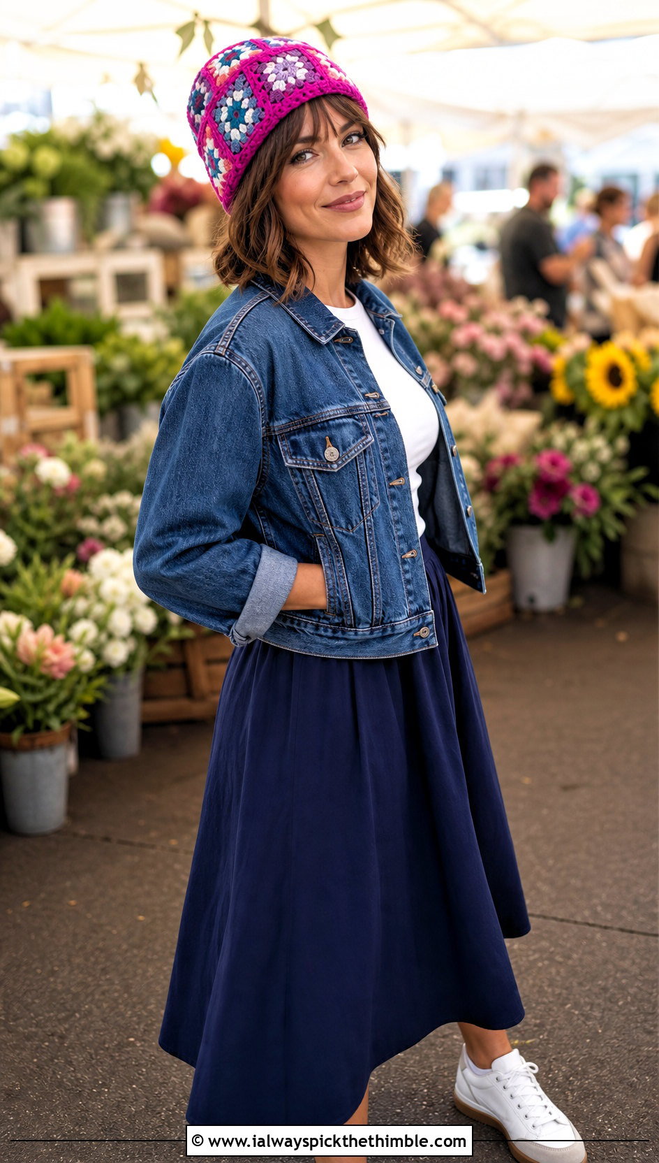 Granny Square Crochet Beanie With Denim Jacket And Midi Skirt - 25 simple crochet beanie outfit ideas