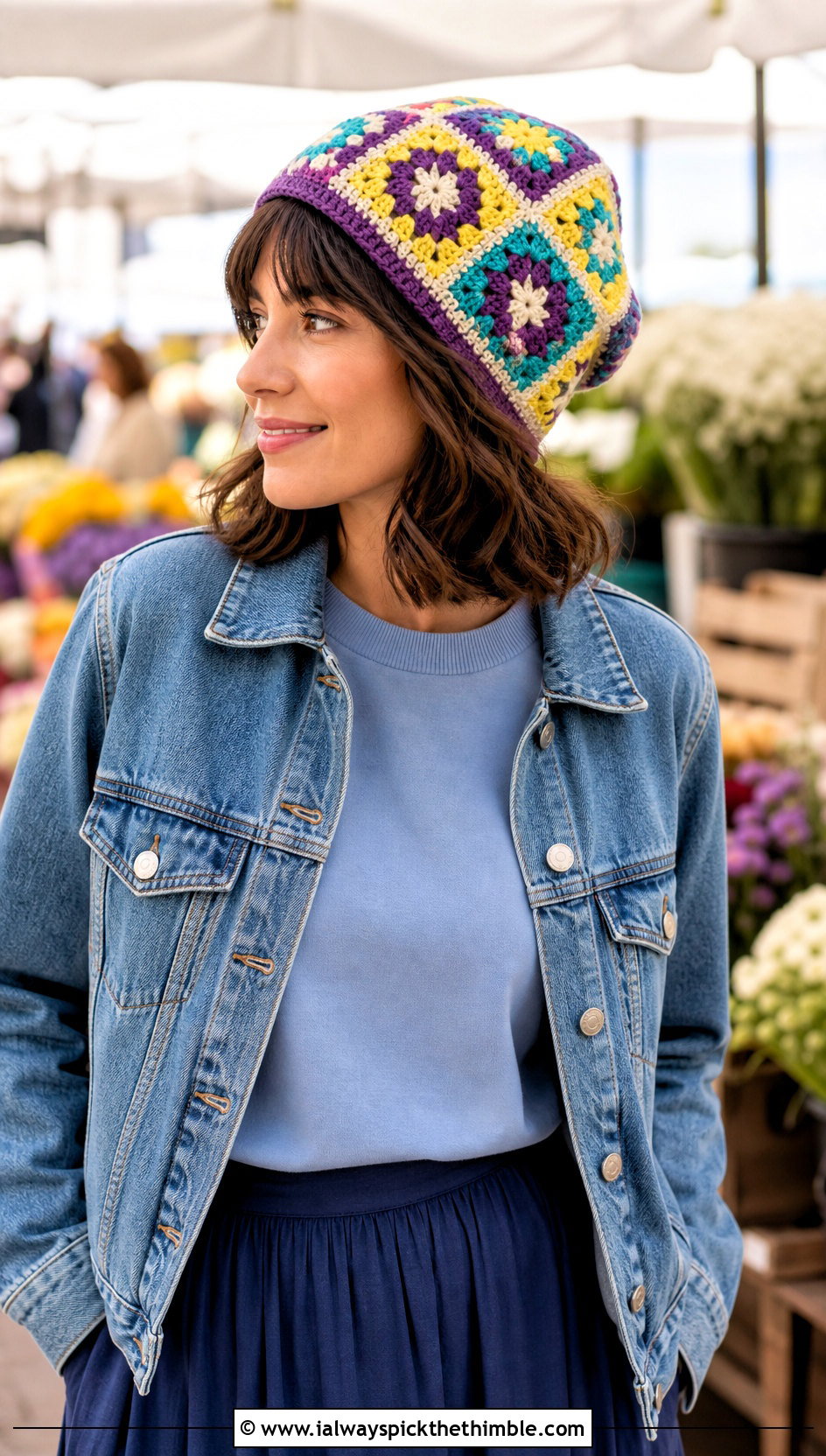 Granny Square Crochet Beanie With Denim Jacket And Midi Skirt - 20 crochet beanies for women outfit ideas