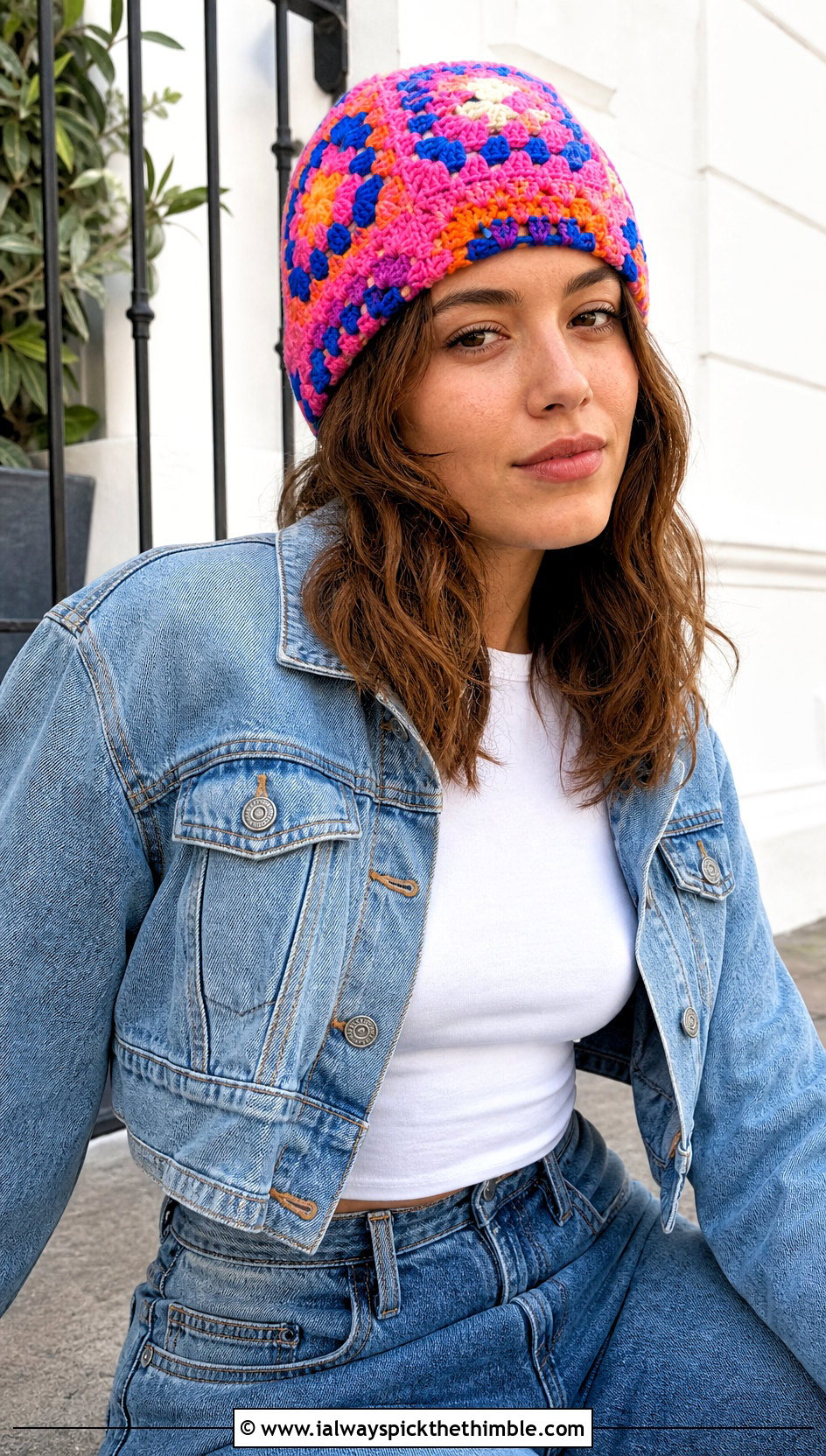 Granny Square Crochet Beanie With Denim Jacket And Wide Leg Jeans - 15 Easy Crochet Projects Beanie outfit ideas