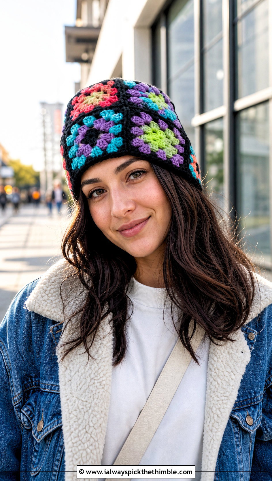 Granny Square Crochet Beanie With Denim Jacket - 15 diy crochet winter hat outfit ideas