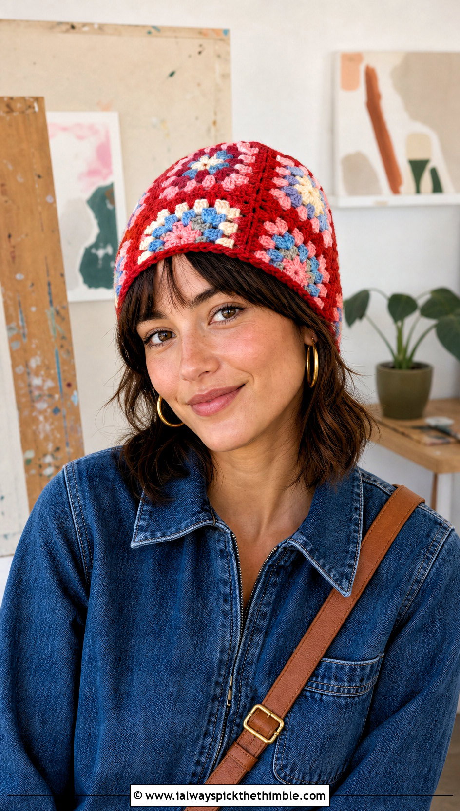 Granny Square Crochet Beanie With Denim Jumpsuit And Boots - 20 beginner crochet beanie outfit ideas