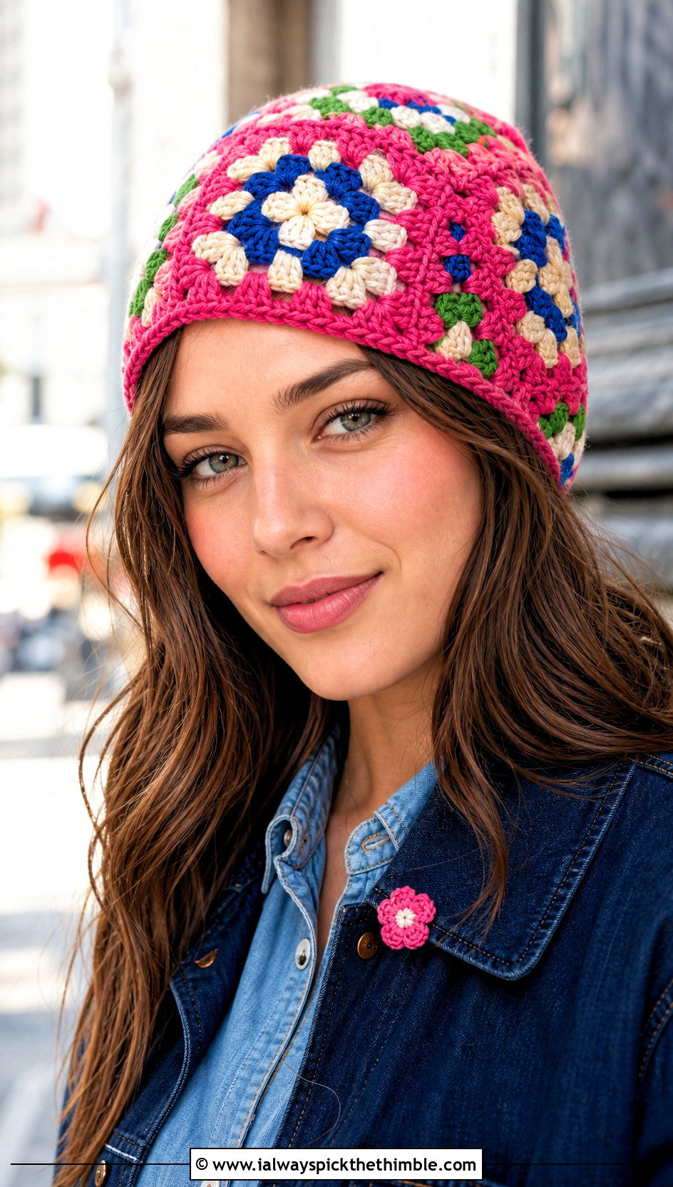 Granny Square Crochet Beanie With Denim Outfit - 15 Crochet Warm Winter Hat outfit ideas