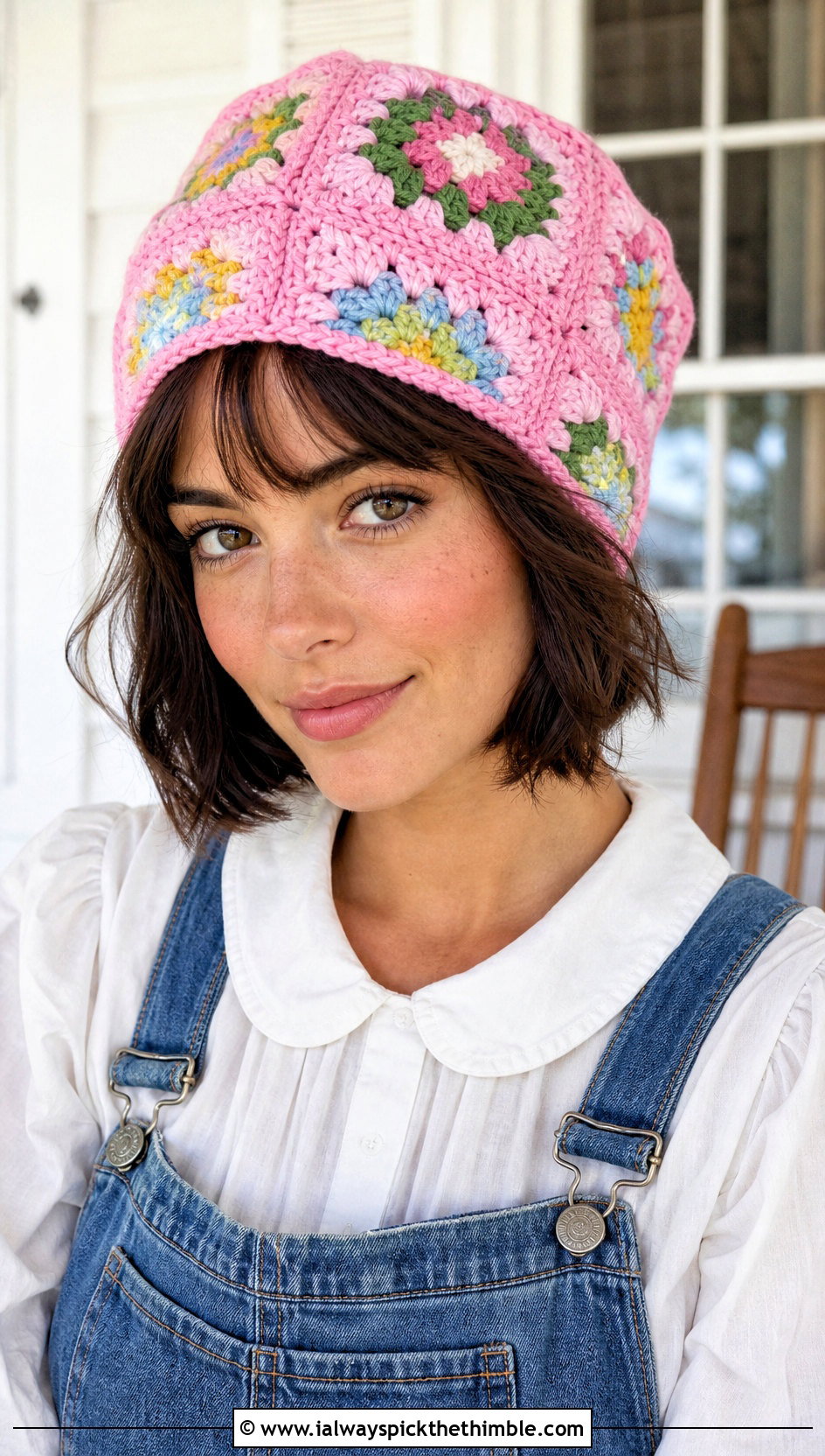 Granny Square Crochet Beanie With Denim Overalls - 20 country cottage crochet beanie outfit ideas