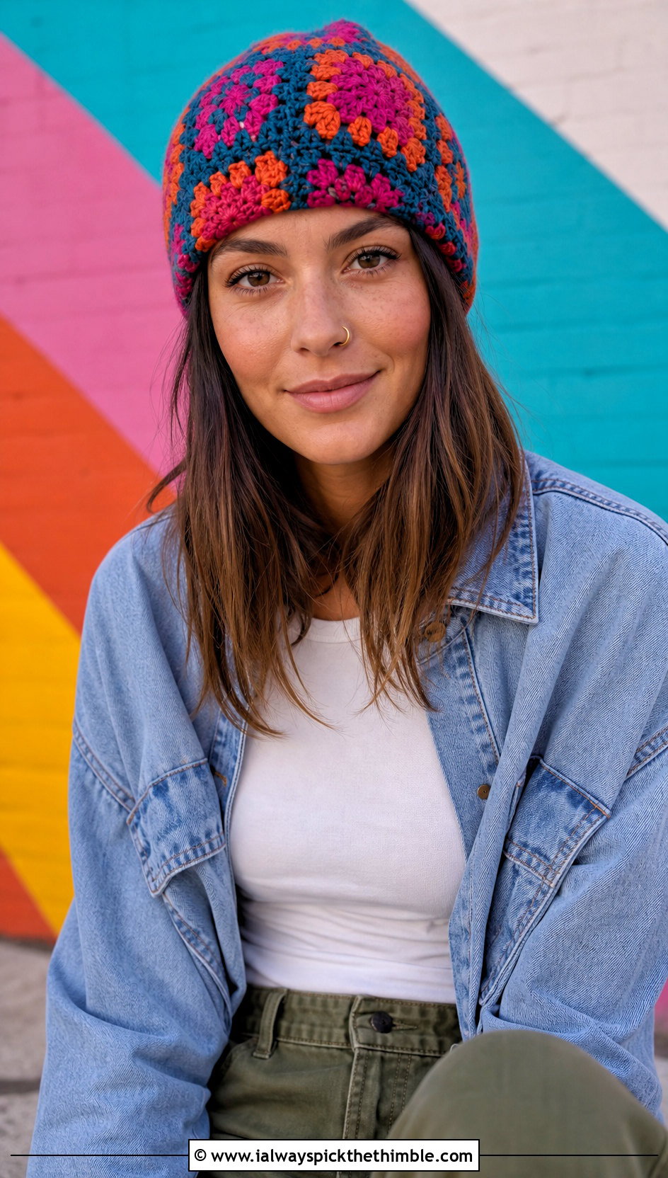 Granny Square Crochet Beanie With Denim Overshirt - 20 Fall Crochet Beanie outfit ideas