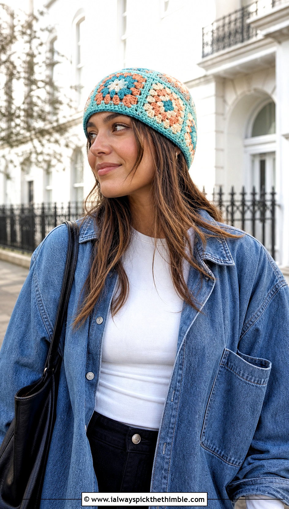 Granny Square Crochet Beanie With Denim Overshirt - 20 crochet fall beanie outfit ideas
