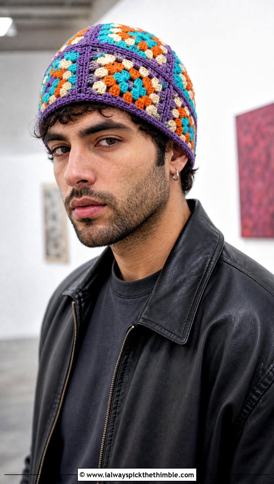 Granny Square Crochet Beanie With Leather Bomber Jacket - 25 men's crochet beanie outfit ideas