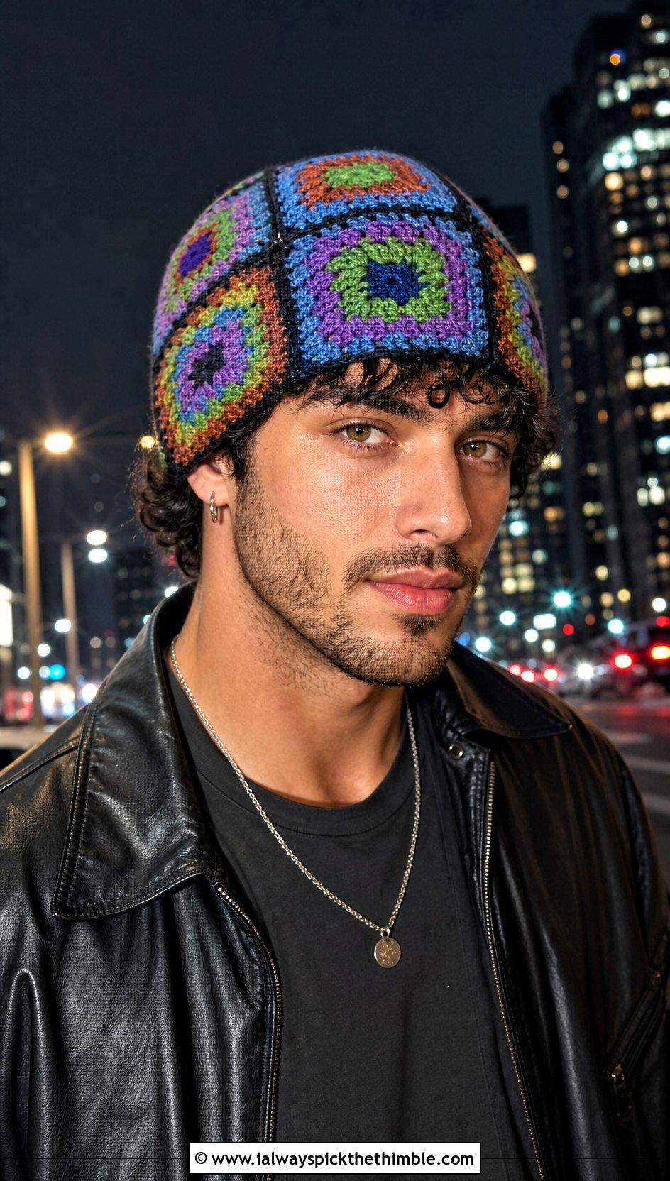 Granny Square Crochet Beanie With Leather Jacket - 15 men's crochet beanies outfit ideas