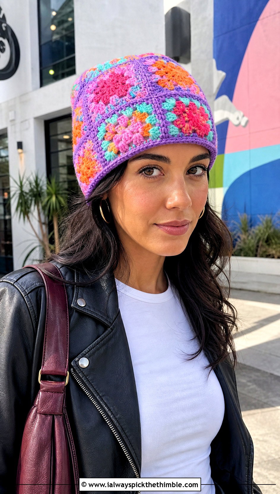 Granny Square Crochet Beanie With Leather Jacket - 20 unique crochet beanie outfit ideas