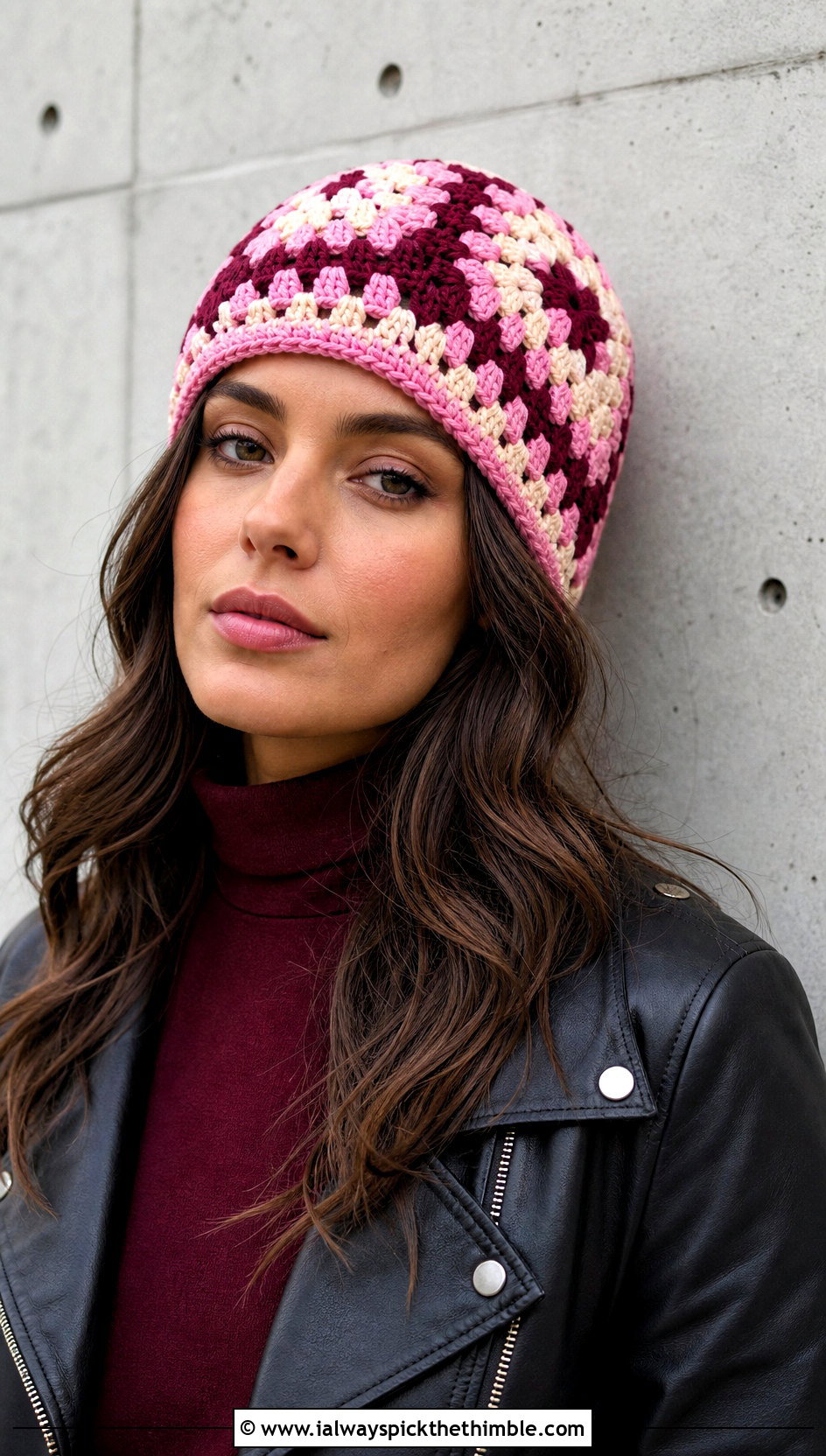 Granny Square Crochet Beanie With Leather Jacket - 20 Women Crochet Beanie outfit ideas