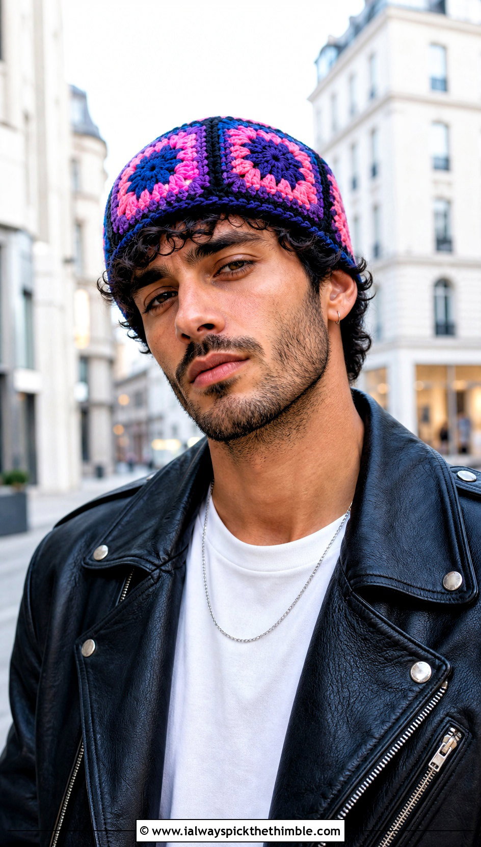 Granny Square Crochet Beanie With Leather Jacket - 25 mens crochet beanie outfit ideas