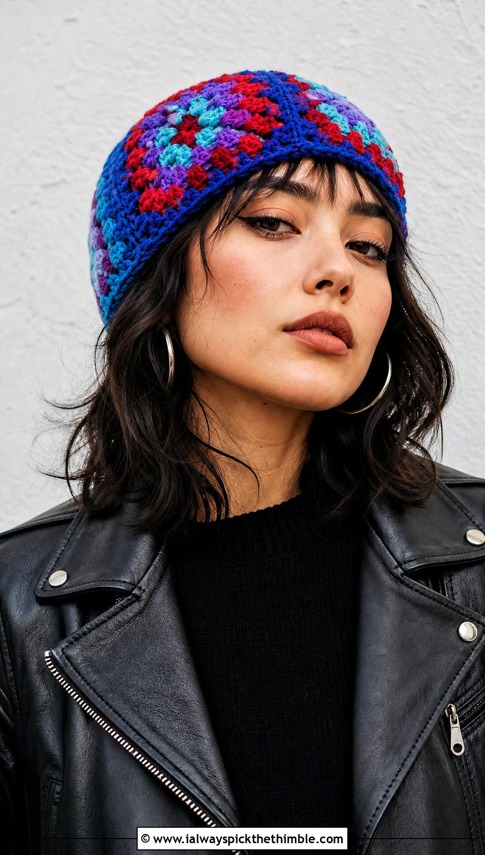 Granny Square Crochet Beanie With Leather Jacket And Black Jeans - 20 winter crochet hat for women outfit ideas