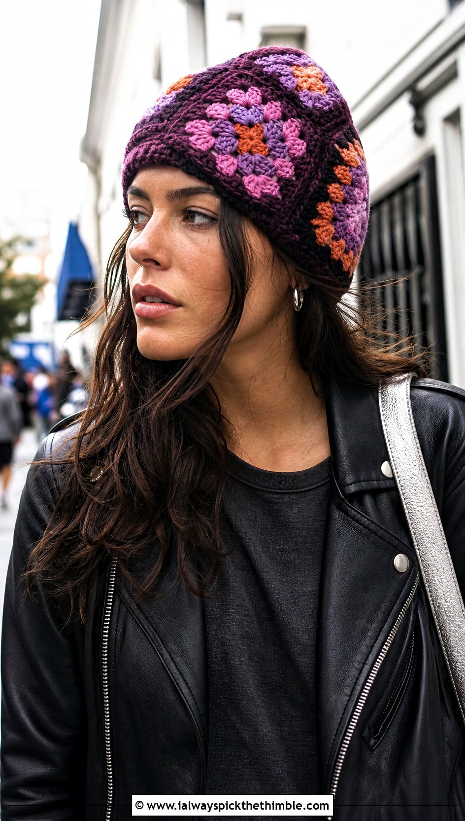 Granny Square Crochet Beanie With Leather Jacket - 15 cool crochet beanie outfit ideas