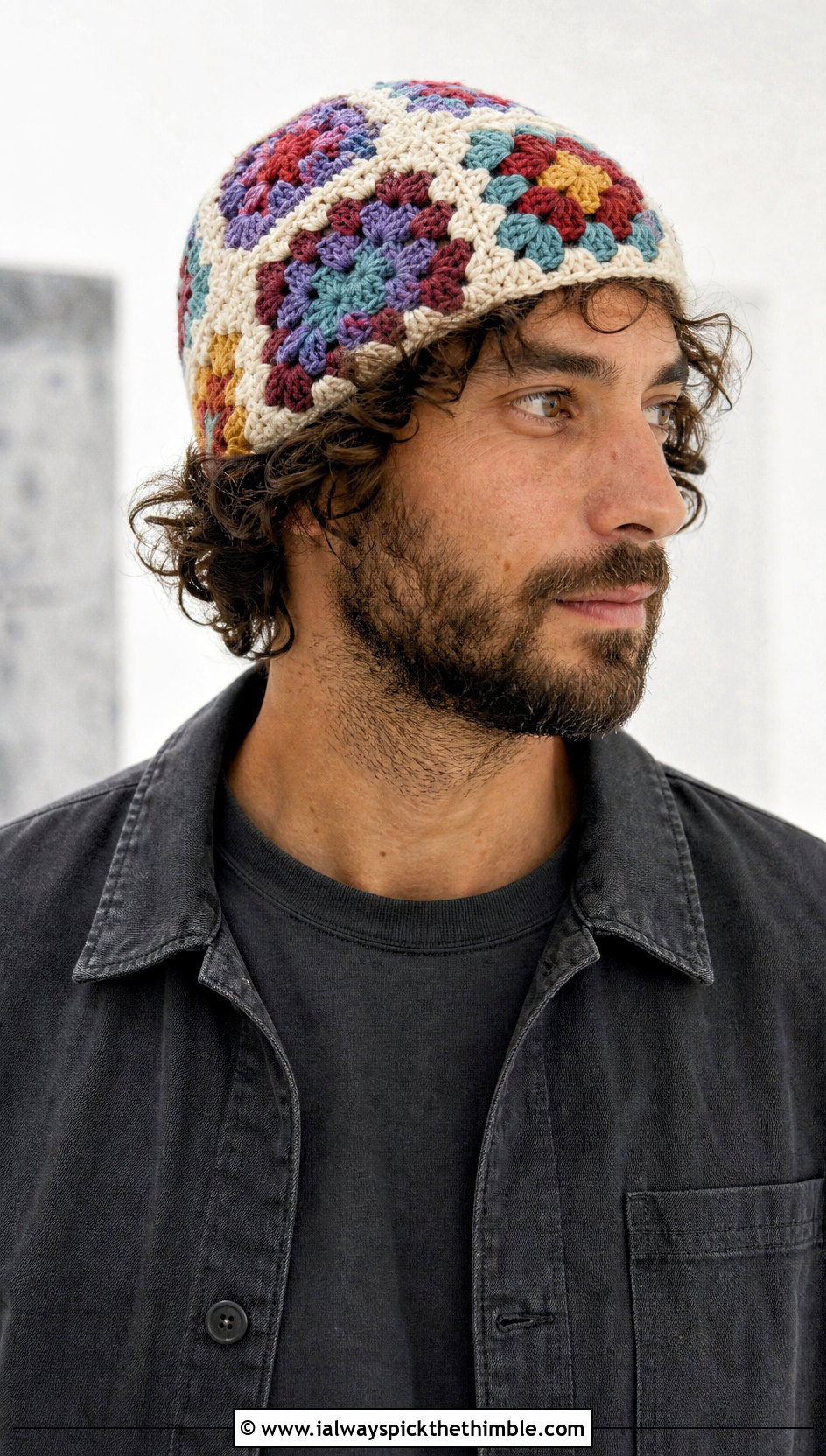 Granny Square Crochet Beanie With Monochrome Outfit - 25 crochet beanie for men outfit ideas