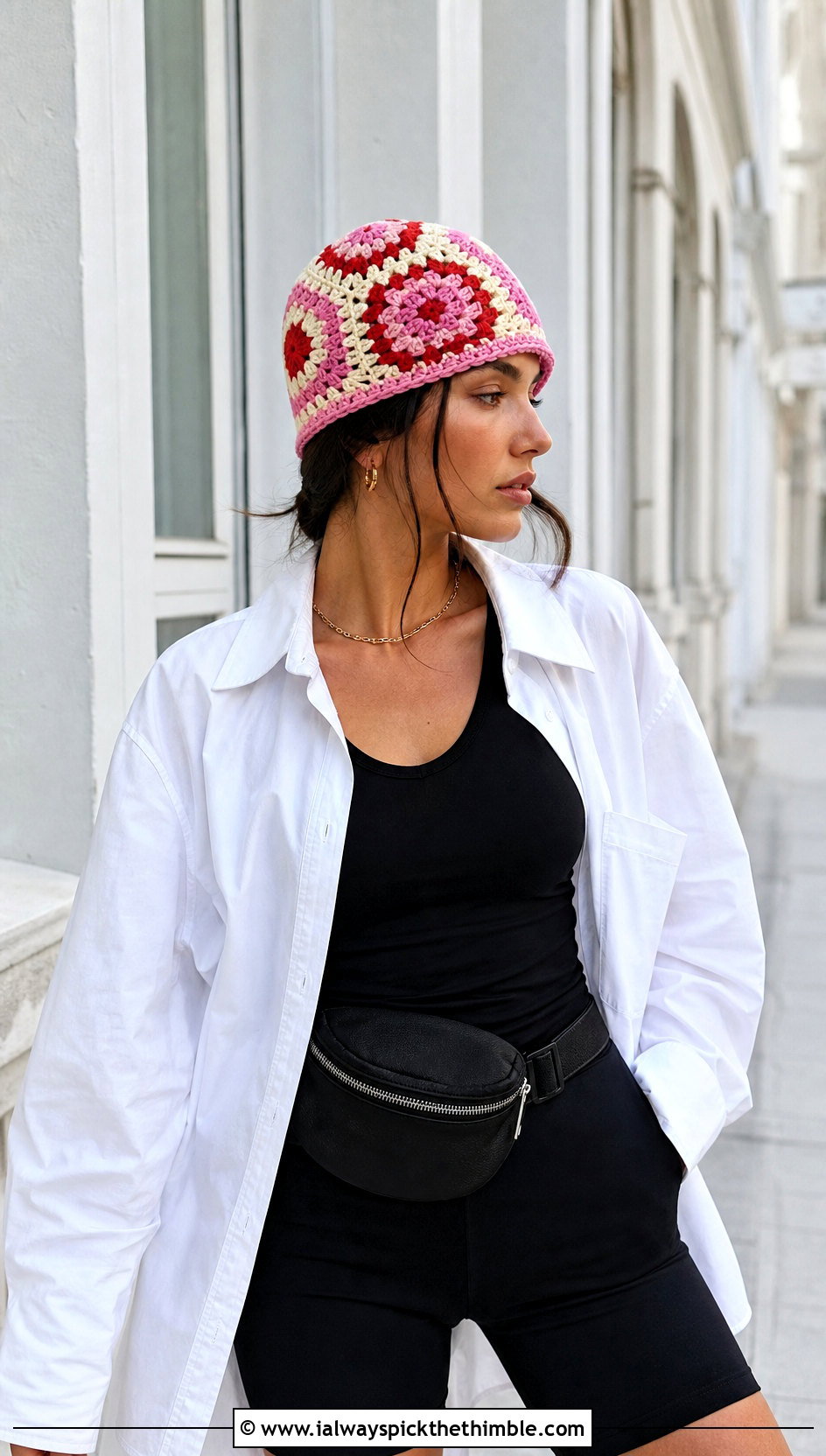 Granny Square Crochet Beanie With Oversized Shirt And Biker Shorts - 20 summer crochet beanie outfit ideas