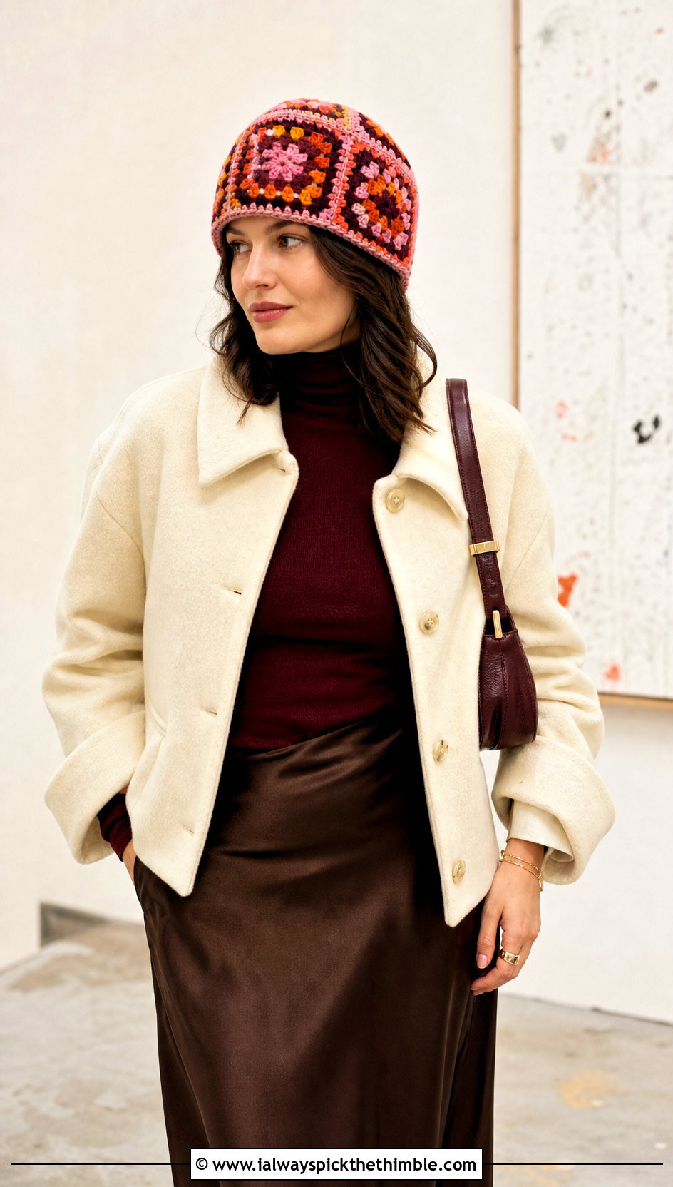 Granny Square Crochet Beanie With Satin Midi Skirt - 20 classic crochet beanie outfit ideas