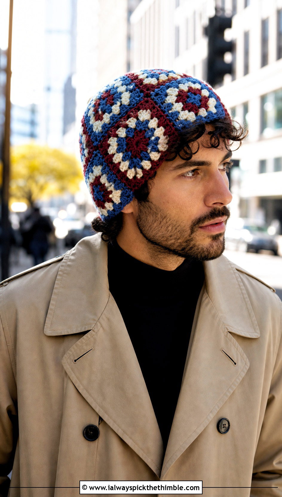 Granny Square Crochet Beanie With Trench Coat - 20 easy men's crochet beanie outfit ideas