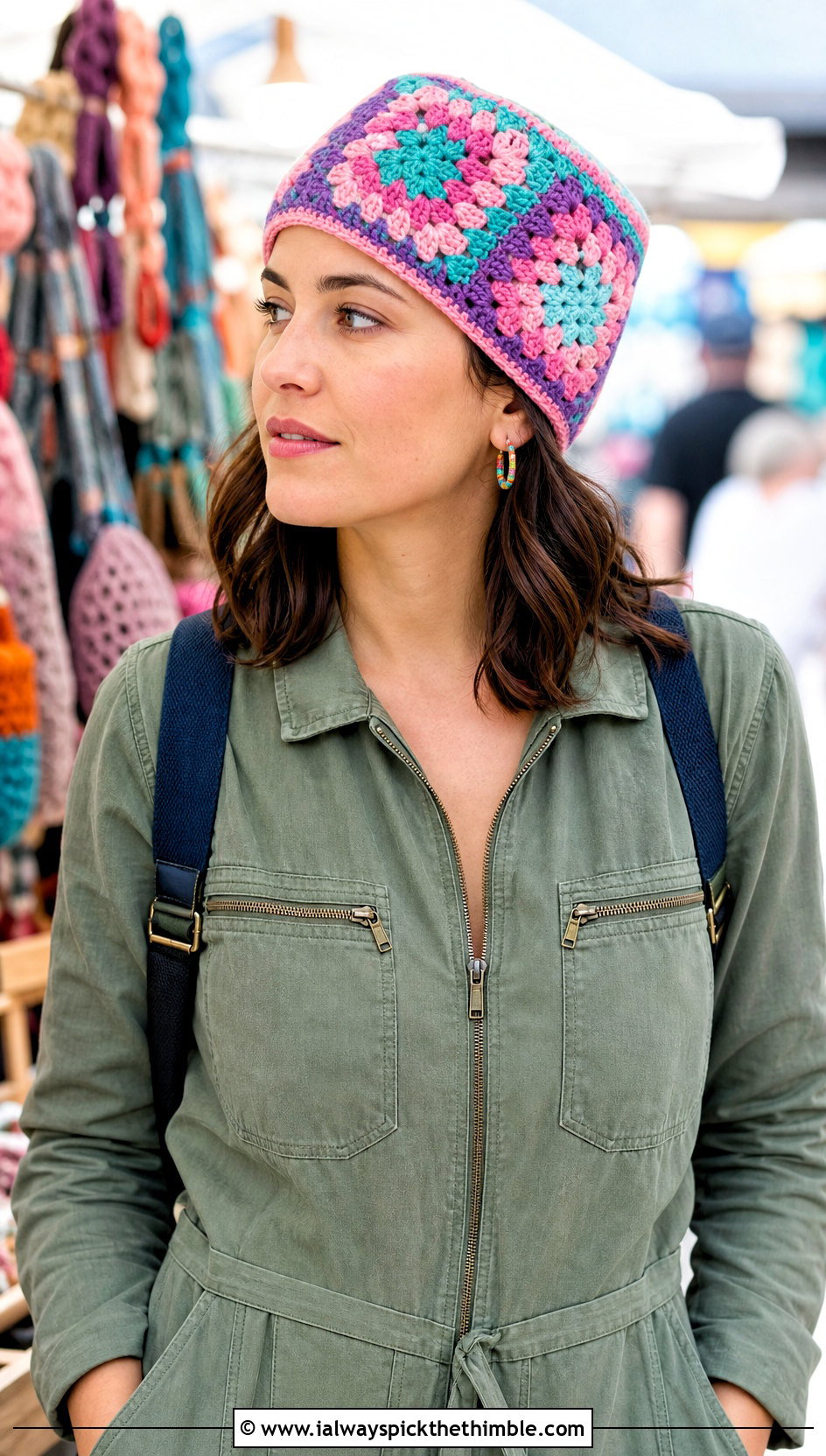 Granny Square Crochet Beanie With Utility Jumpsuit - 15 Womens Crochet Beanie outfit ideas