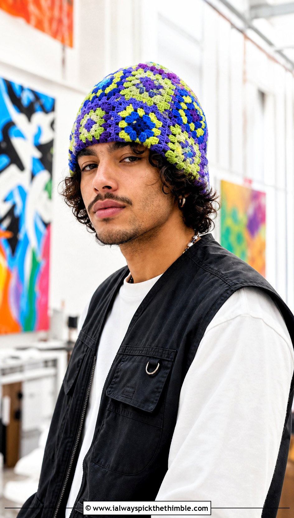 Granny Square Crochet Beanie With Utility Vest - 20 easy crochet beanie for men outfit ideas